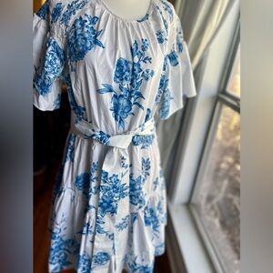 Blue White Floral Midi Dress XL Cottagecore Smocked Shoulder Tie Waste Cotton